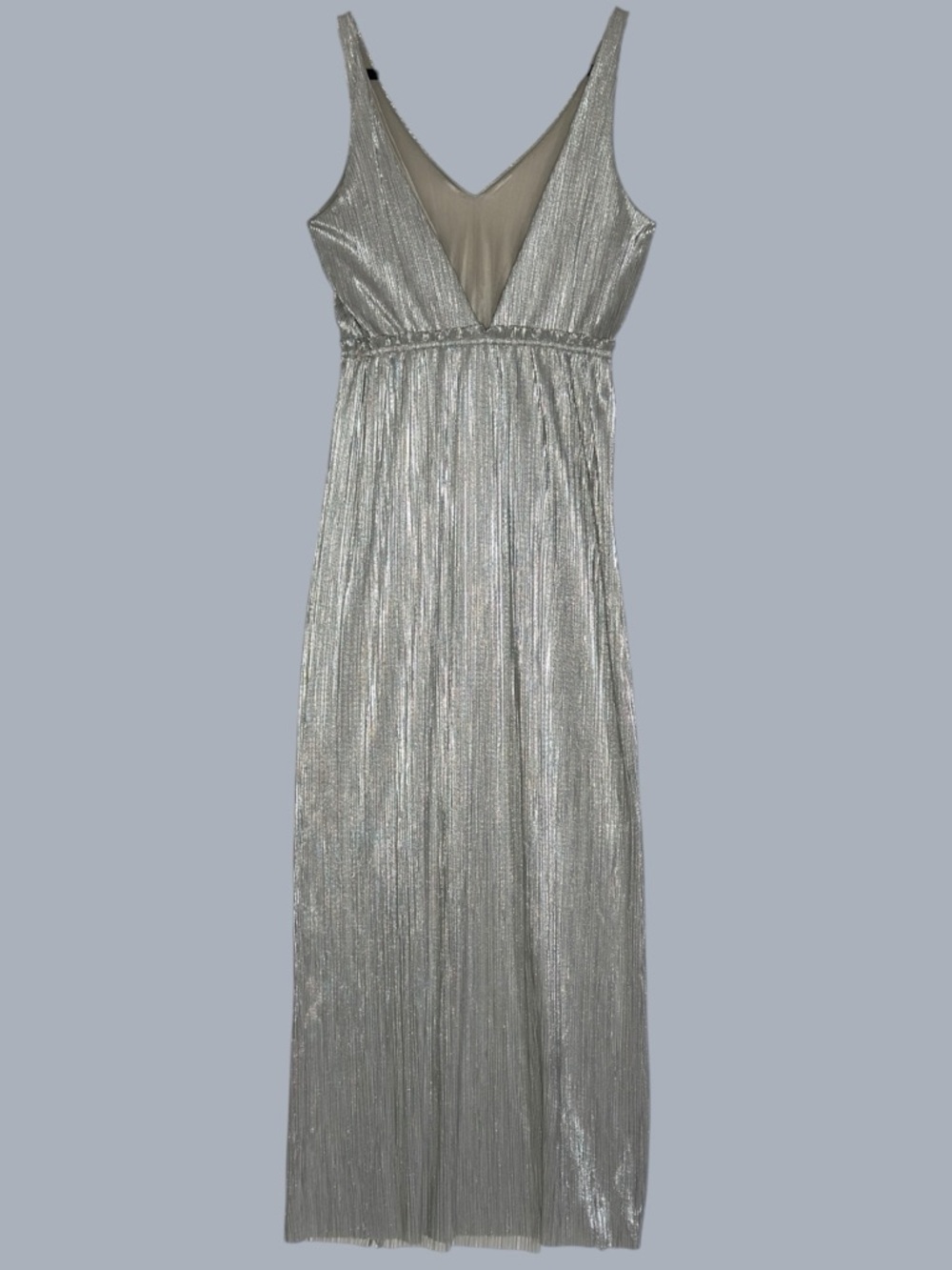 BCBGeneration Silver Metallic Pleated Maxi Dress M V-Neck Sleeveless Shimmer - Picture 4 of 13